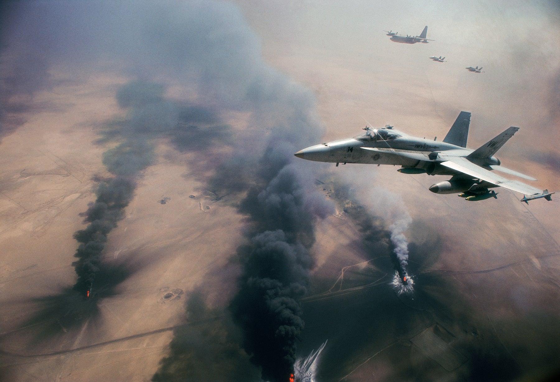 Marine F-18s Over Burning Oil Fields